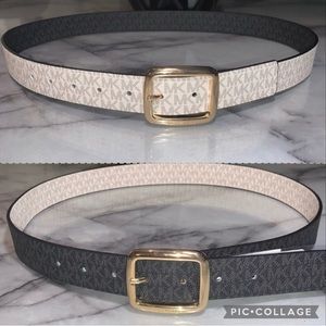 Michael Kors Women's Twist Reversible Gold Buckle Belt, White/Black Logo